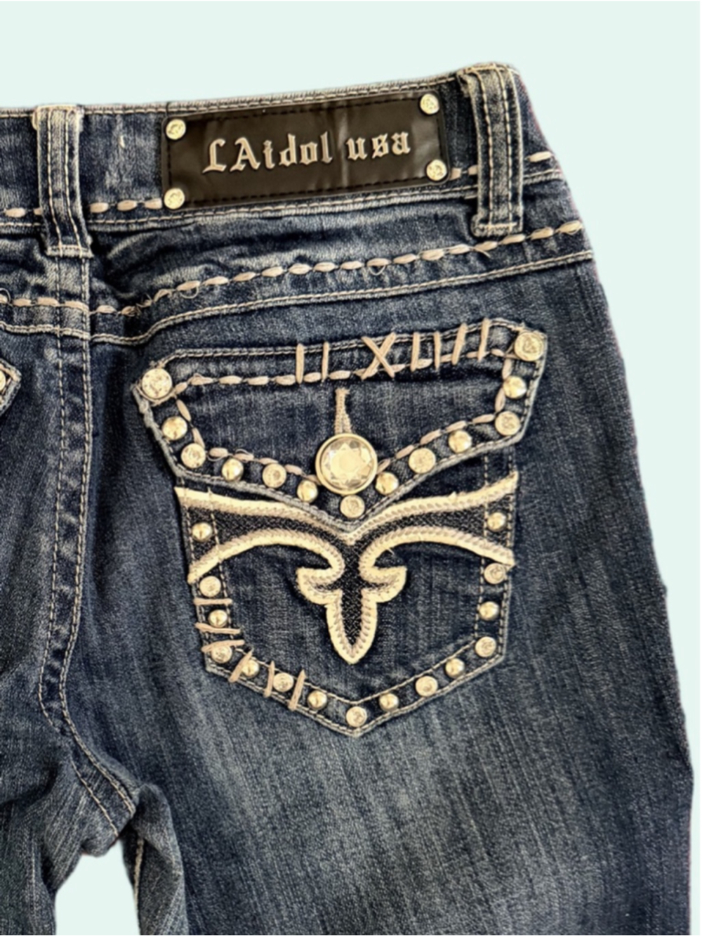 Women's LA Idol USA Blue Boot Cut Jeans with White Stitching, Size 3